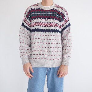 Vintage American Spirit Gray Wool Blend Fair Isle Cabincore Eclectic Sweater L